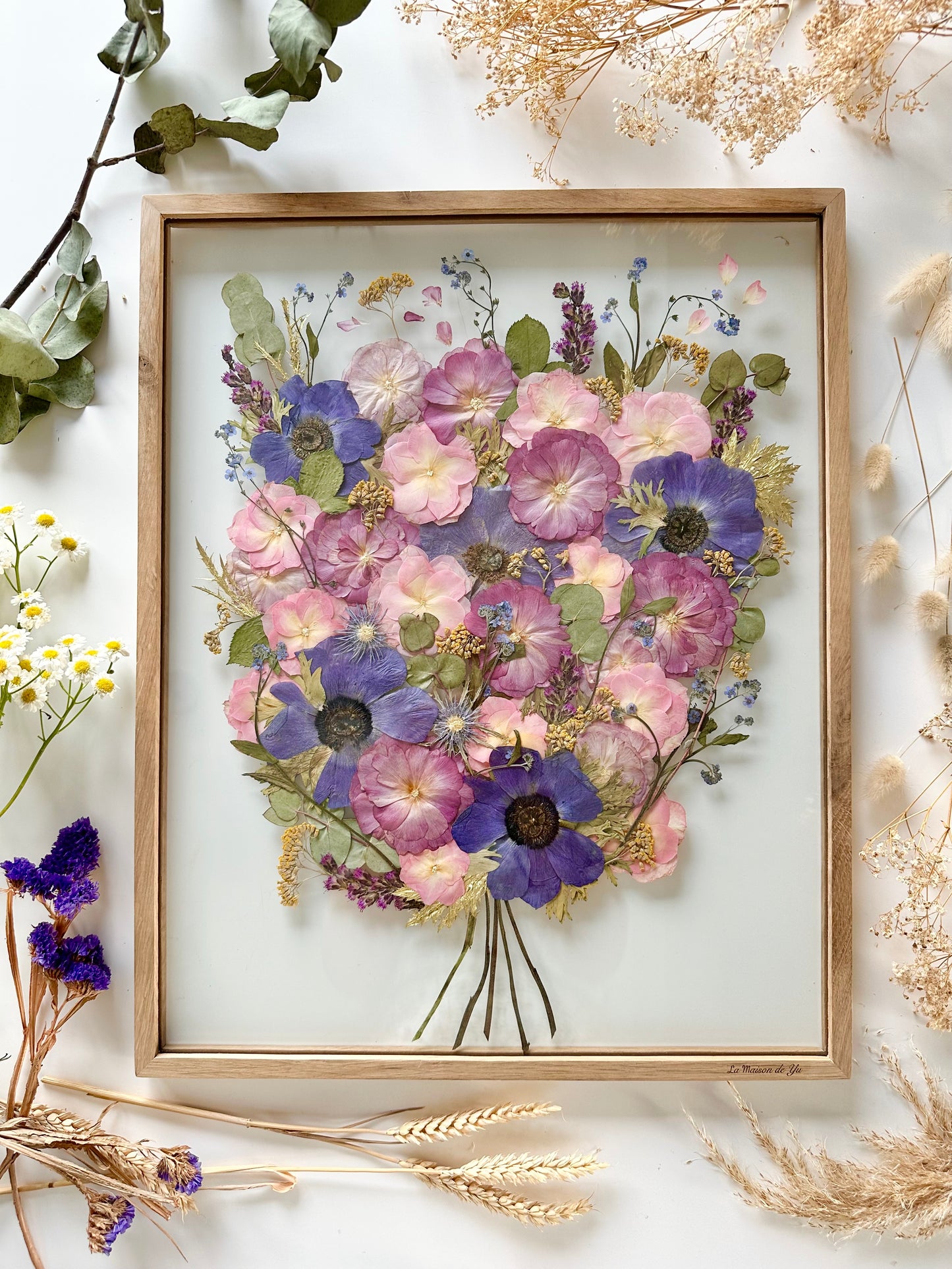 Format A2 - 40x50 cm - Conservation bouquet de mariage entre deux verres