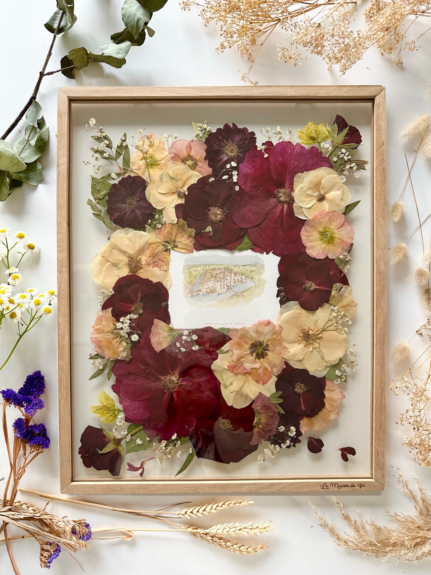 Format A2 - 40x50 cm - Conservation bouquet de mariage entre deux verres
