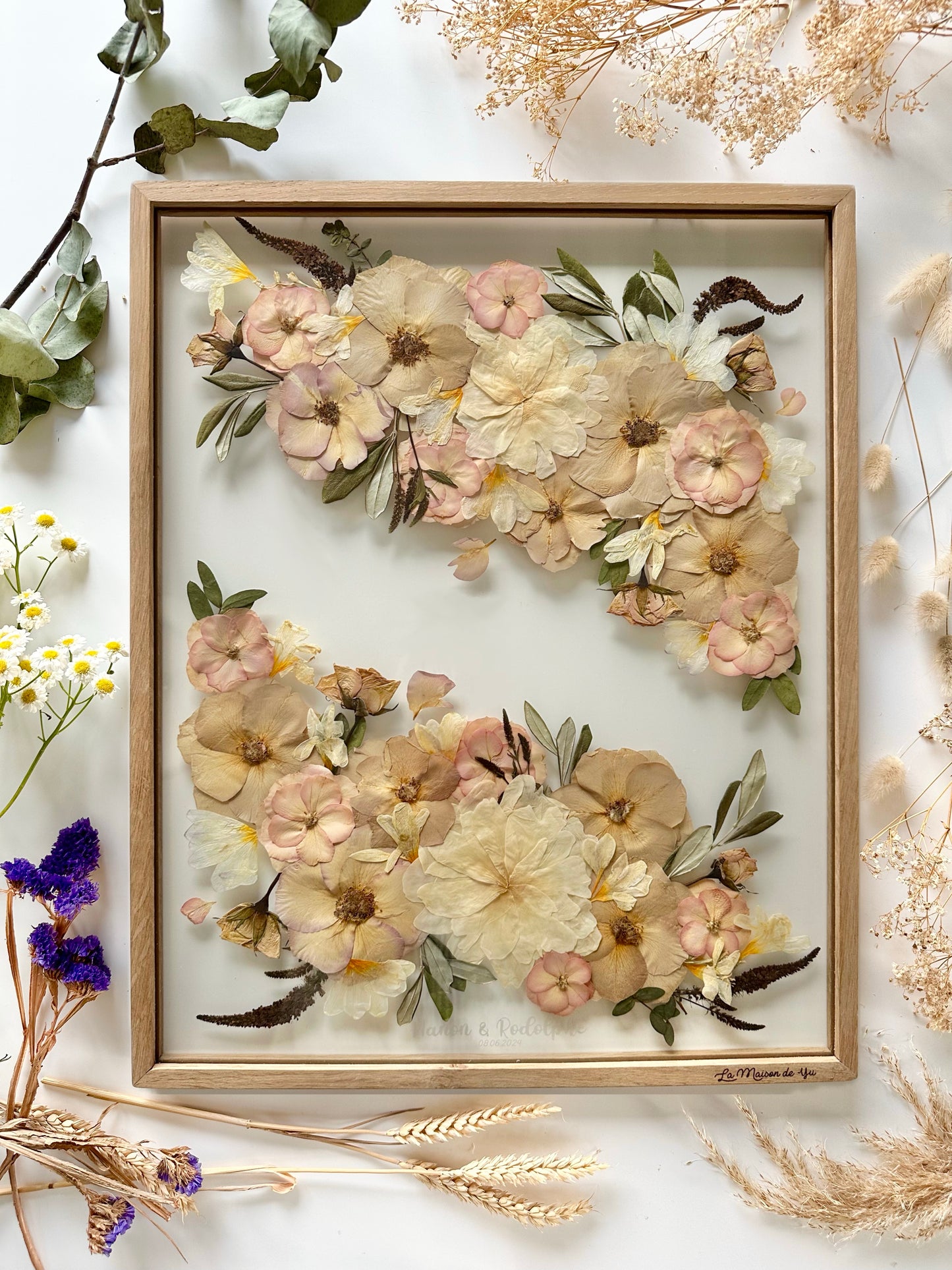 Format A2 - 40x50 cm - Conservation bouquet de mariage entre deux verres