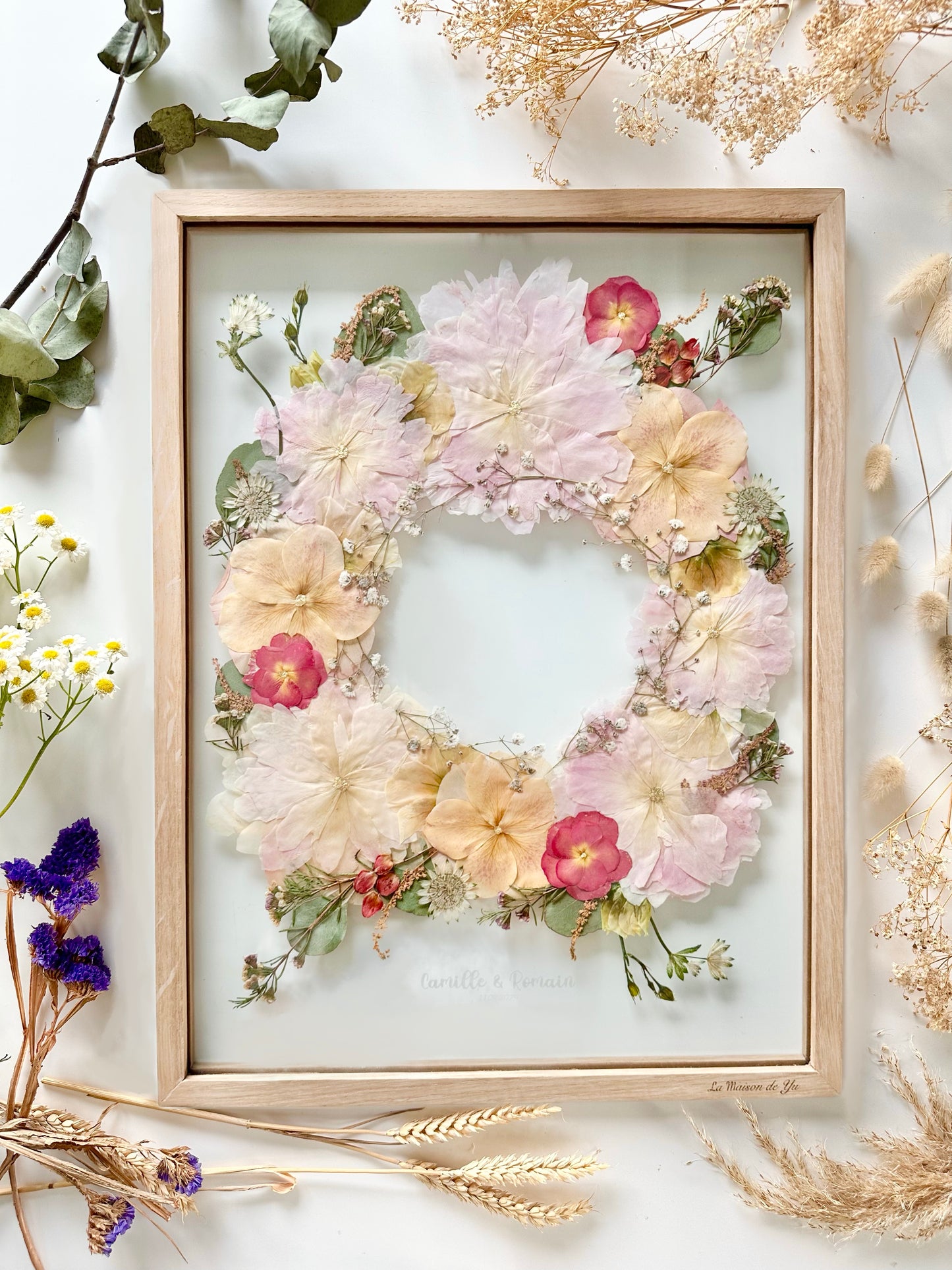 Format A2 - 40x50 cm - Conservation bouquet de mariage entre deux verres