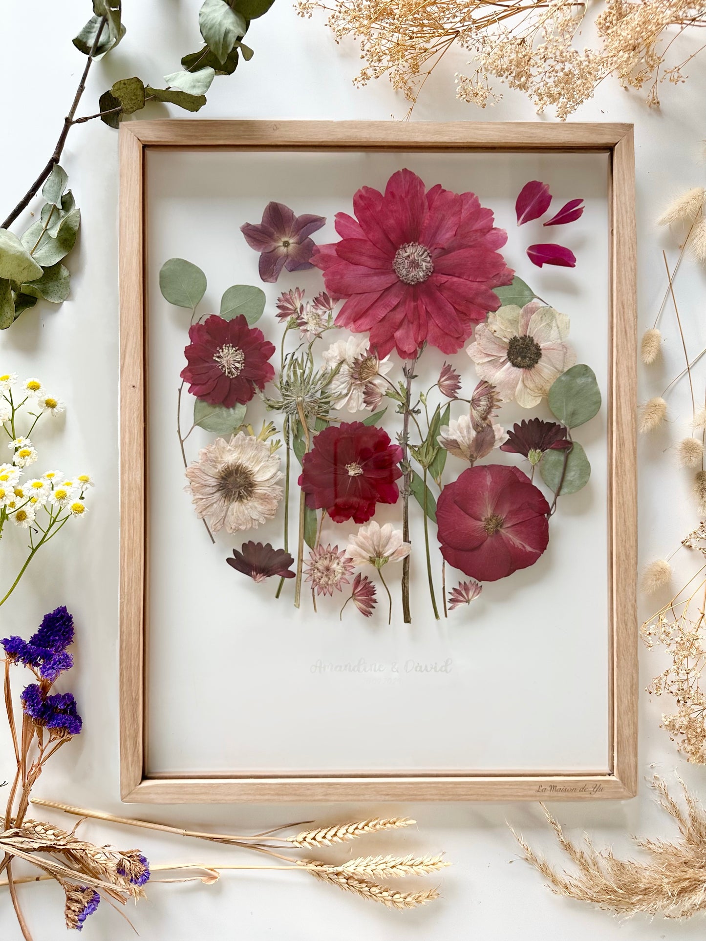 Format A2 - 40x50 cm - Conservation bouquet de mariage entre deux verres