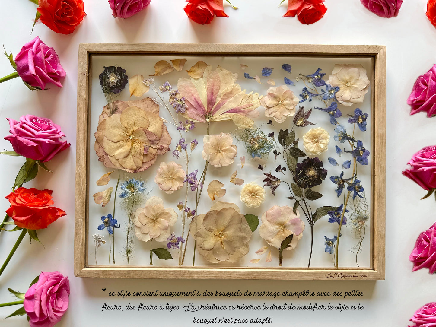 Format A3 - 30x40 cm - Conservation bouquet de mariage entre deux verres