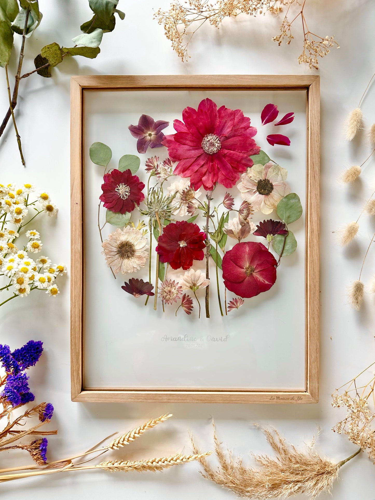 Format A3 - 30x40 cm - Conservation bouquet de mariage entre deux verres