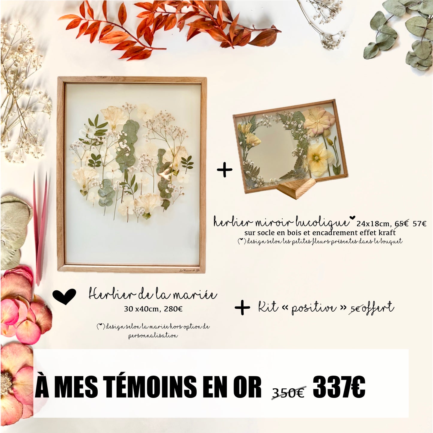 Herbier mariée 30x40cm + à mes témoins en or