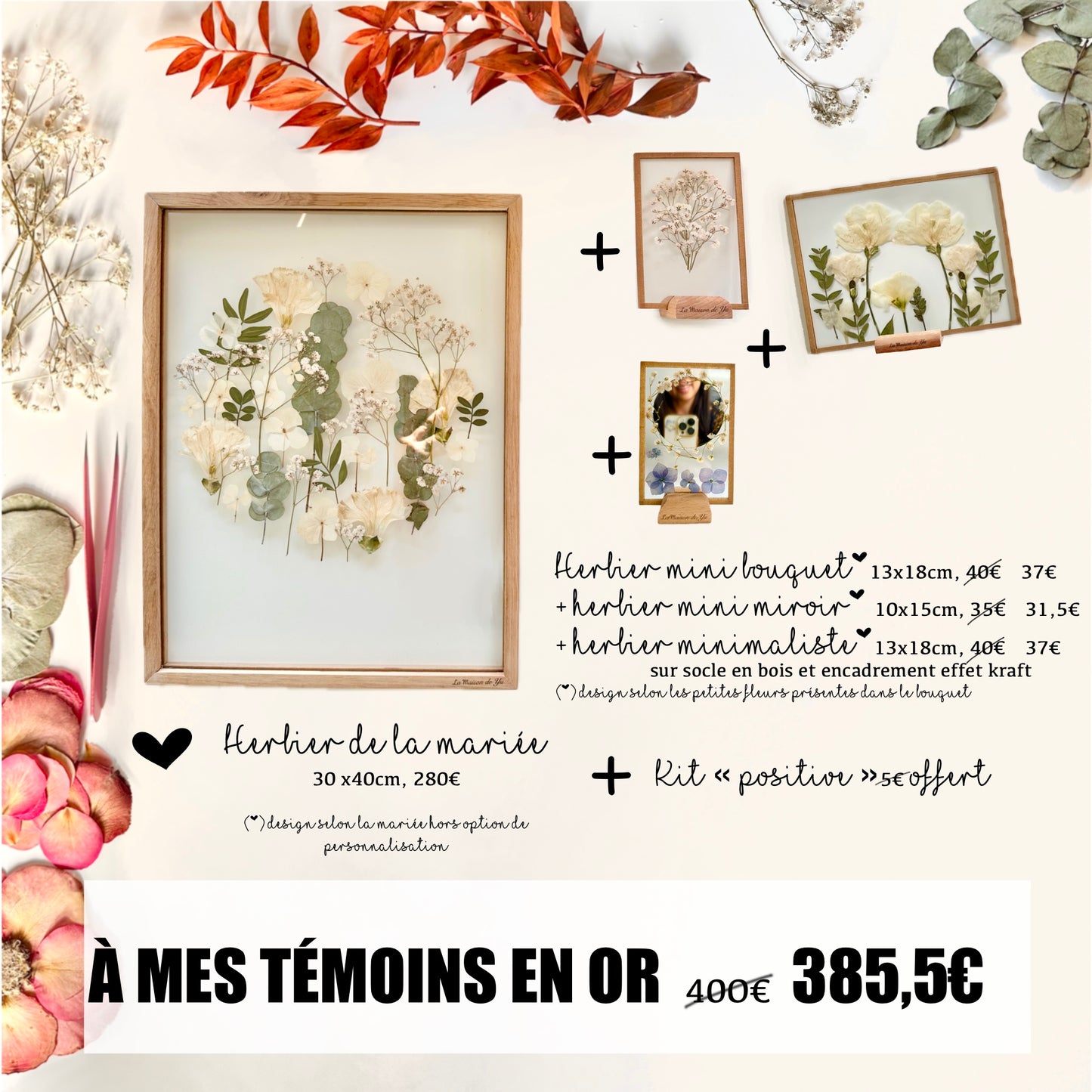 Herbier mariée 30x40cm + à mes témoins en or