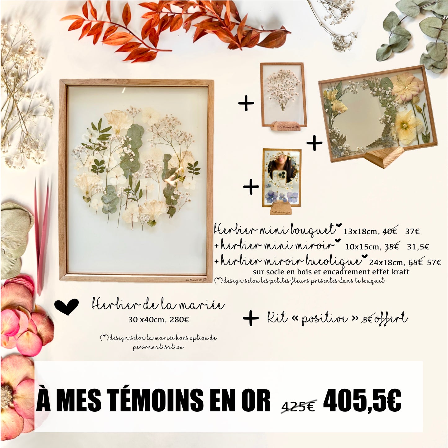 Herbier mariée 30x40cm + à mes témoins en or