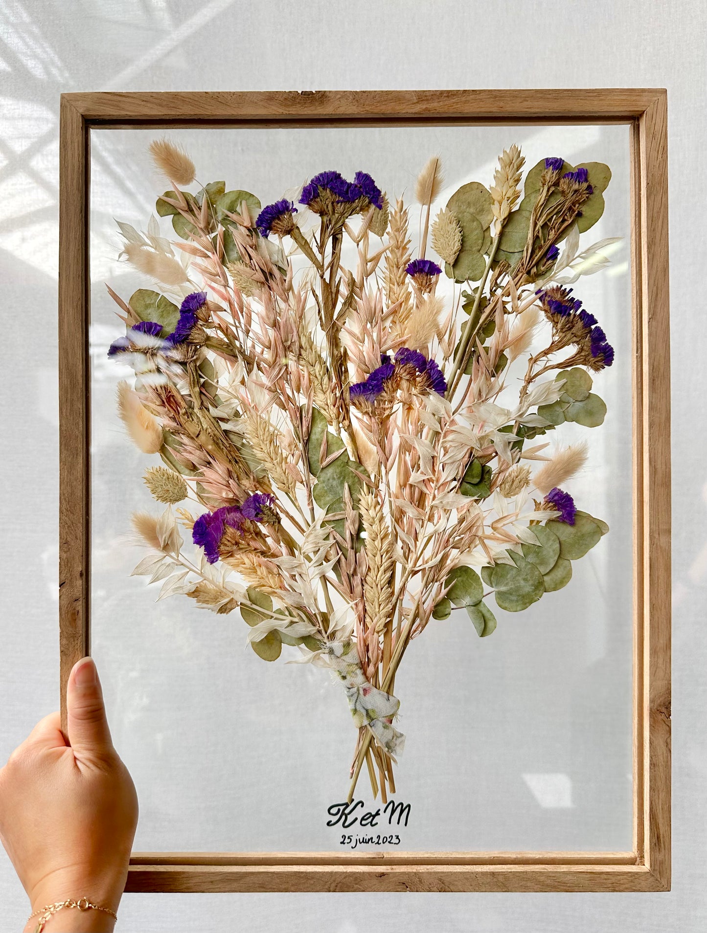 FLEURS SÉCHÉES - 24x30 cm - Conservation bouquet de mariage entre deux verres