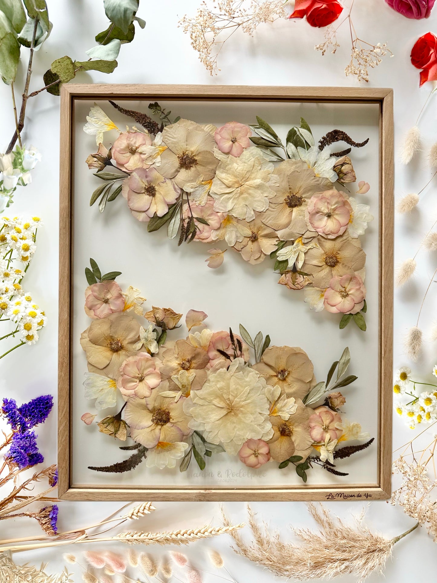 FRESH/DRIED FLOWERS - 40x50 cm - Preserving wedding bouquet between two glasses 
